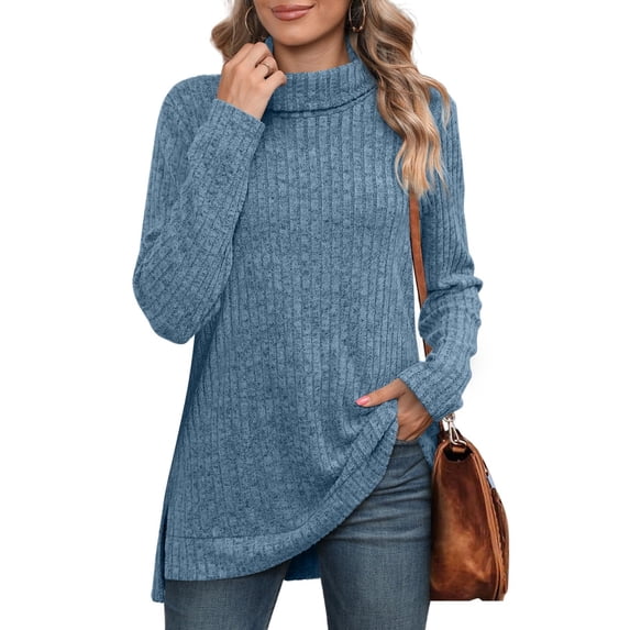 Zedker Womens Tunic Tops Turtleneck Long Sleeve Shirts Oversized Fall Winter Sweaters,Plus Size Blue L