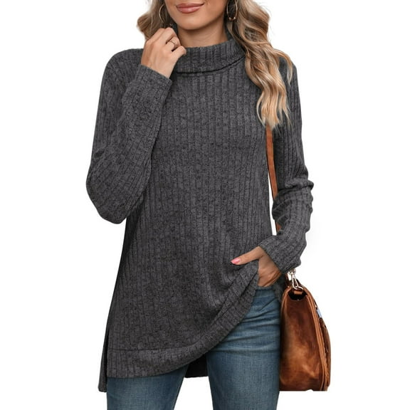Zedker Womens Tunic Tops Turtleneck Long Sleeve Shirts Oversized Fall Winter Sweaters,Plus Size Gray L