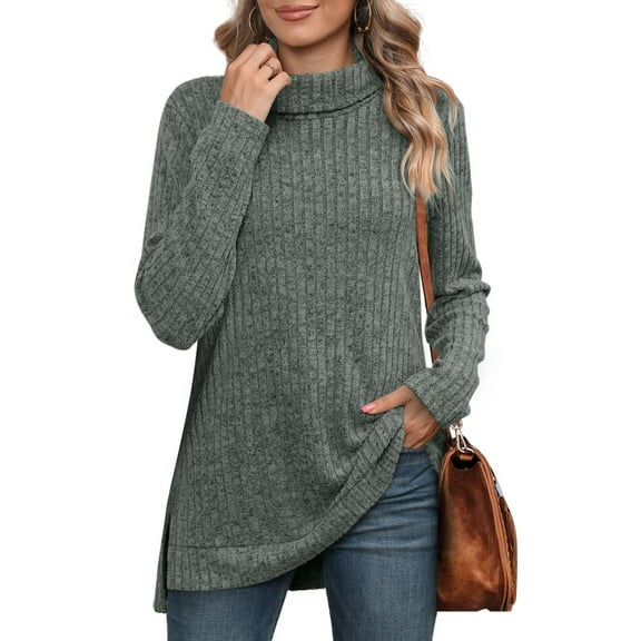Zedker Womens Tunic Tops Turtleneck Long Sleeve Shirts Oversized Fall Winter Sweaters,Plus Size Green XL