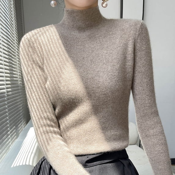 Zedker Womens Turtleneck Sweatershirt 2025 Fall Winter Solid Color Pullover Sweater,Plus Size Khaki XXL