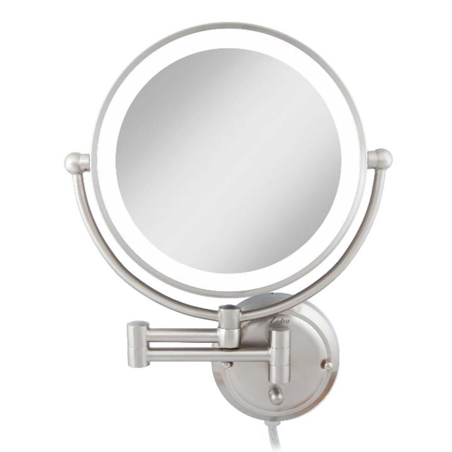 Satin Nickel 14" Dual-Sided 5X/1X Magnifying Wall Mirror with Adjustable Brightness