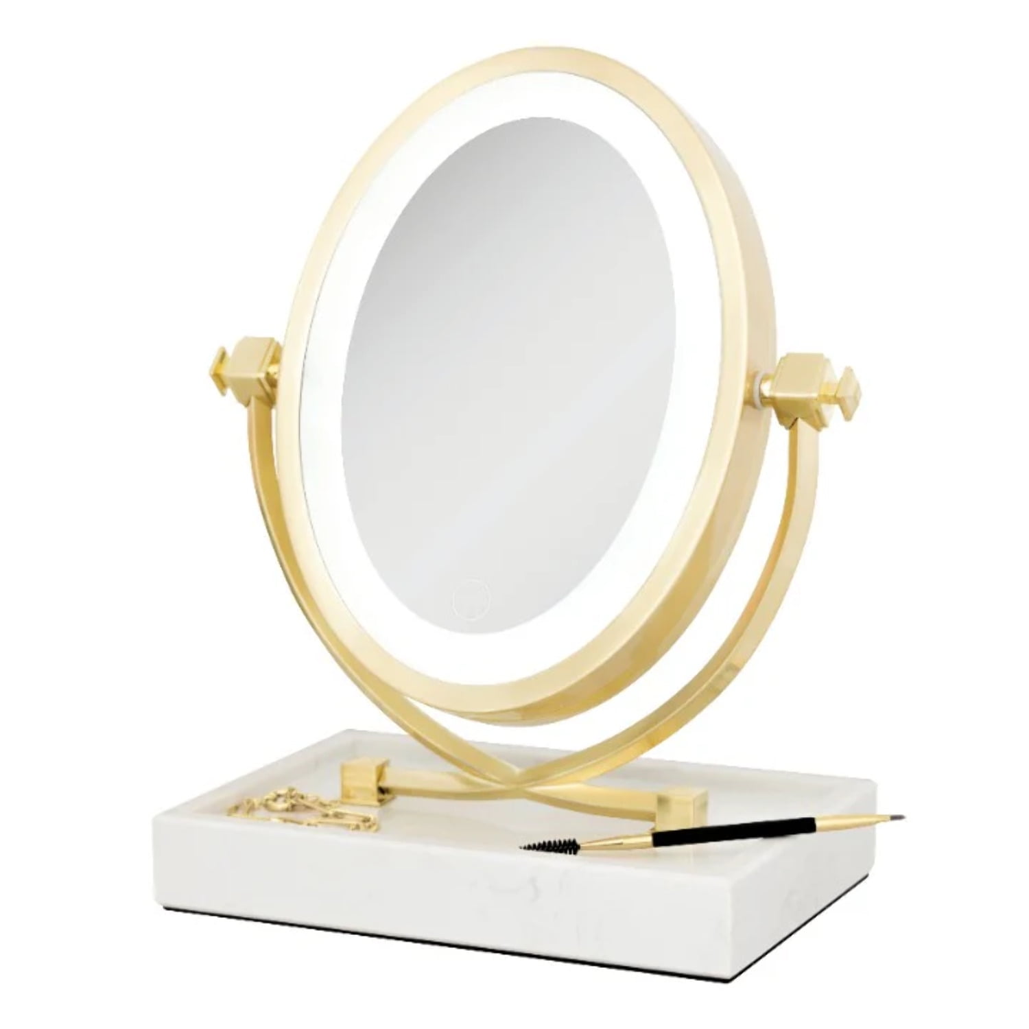 Satin Brass LED Makeup Mirror with Marble Tray