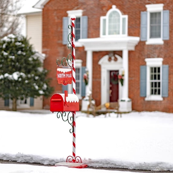 Zaer Ltd. 6ft. Tall Red Decorative Candy Cane, North Pole, Santa Christmas Mailbox with Hanging Sign