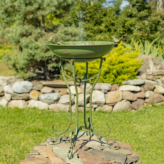 Zaer Ltd. Deep Well Made Metal Birdbath with 2 Cast Iron Birds and Leaf Decoration (Antique Green)