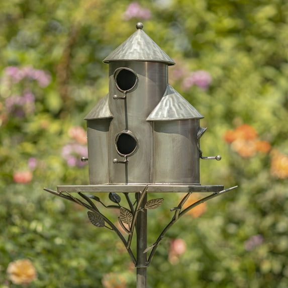 Zaer Ltd. Large Silver-Colored Multi-Birdhouse Stakes, Room for 4 Bird Families in Each