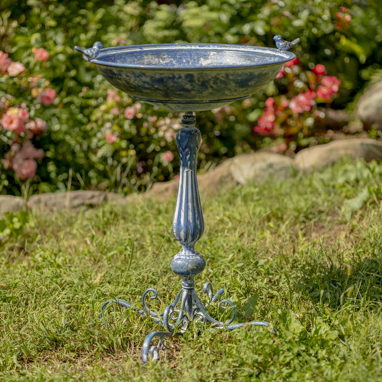Victorian Mossy Blue Iron Birdbath with Scrollwork
