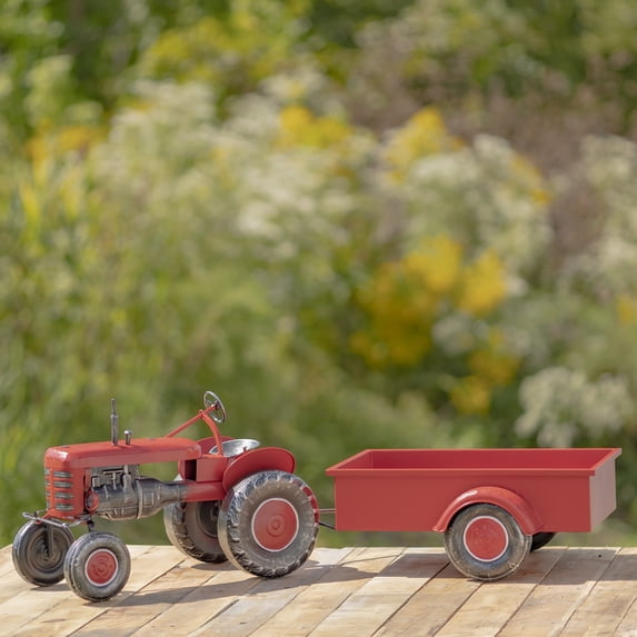 Zaer Ltd. Small Red Metal Tractor with Cart “The Aldean”