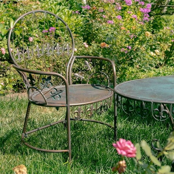 Zaer ZR200422-BZ La Rochelle Iron Bistro Armchair with Fleur-de-lis Details, Antique Bronze