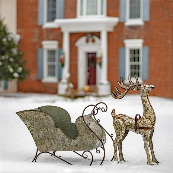 Zaer ZR882000 2.5 ft. Galvanized Reindeer & Sleigh Decoration, Silver - Large