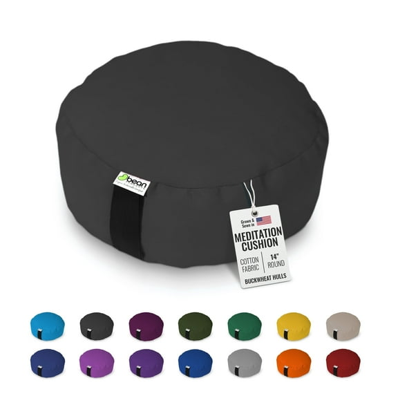 Organic Buckwheat Hulls 14" Round Zafu Meditation Cushion - Tibetan Style Cotton Zen Yoga Pillow for Floor - Made in USA, Black