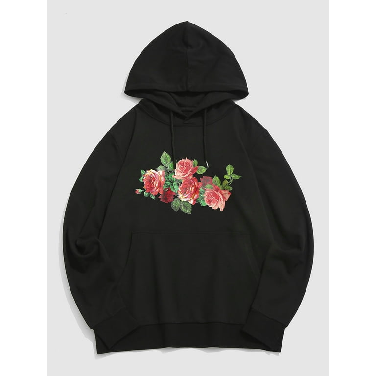 Men rose print pocket front hoodie sale
