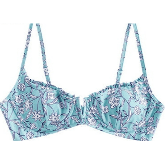 Zaful LIGHT BLUE Floral Lettuce Trim V Wire Padded Bikini Top, US 4 , NWOT