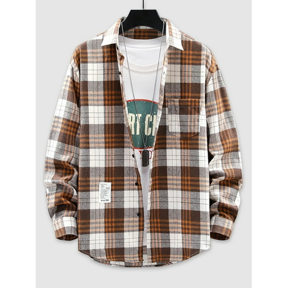 Zaful Plaid Pattern Pocket Button Down Shirt Brown L