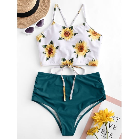 Zaful for Women Sunflower Lace-up High Waisted Tankini Set Greenish Blue XL