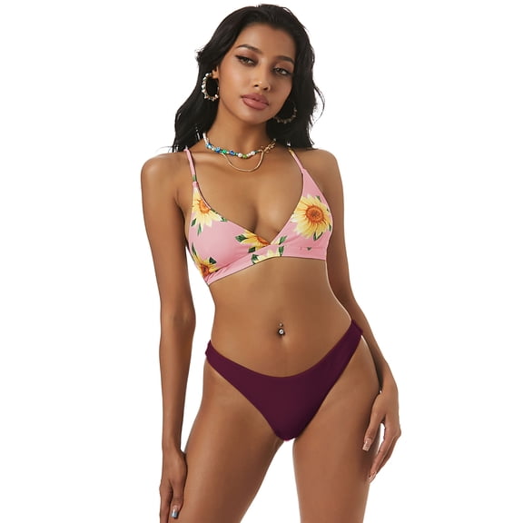 Zaful for Women Sunflower Print Lace-up Crisscross Bikini Set 色Maroon M