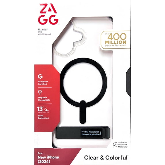 Zagg Piccadilly Snap Case with Kickstand and MagSafe for iPhone 16, Clear Black