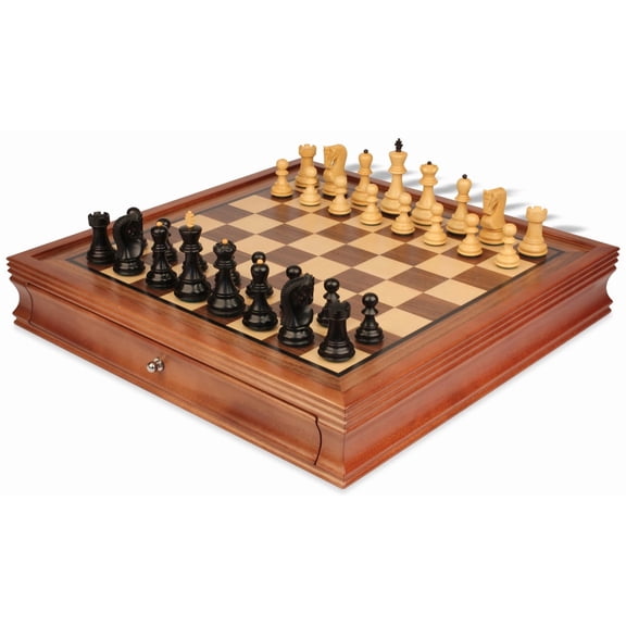 Zagreb Series Chess Set - Ebonized & Boxwood Pieces - Walnut Two-Drawer Chess Case - 3.25" King