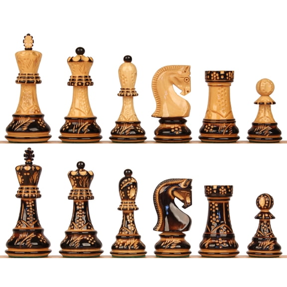 Zagreb Series Decorative Chess Set with Burnt Boxwood Pieces - 3.875" King