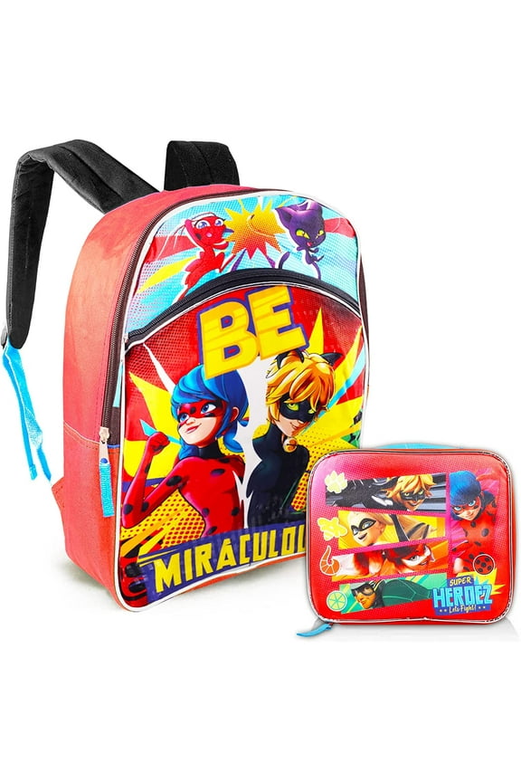 Zagtoon Miraculous Ladybug Backpack and Insulated Lunch Box Set - Bundle with 16'' Miraculous Ladybug School Bag with Lunch Bag