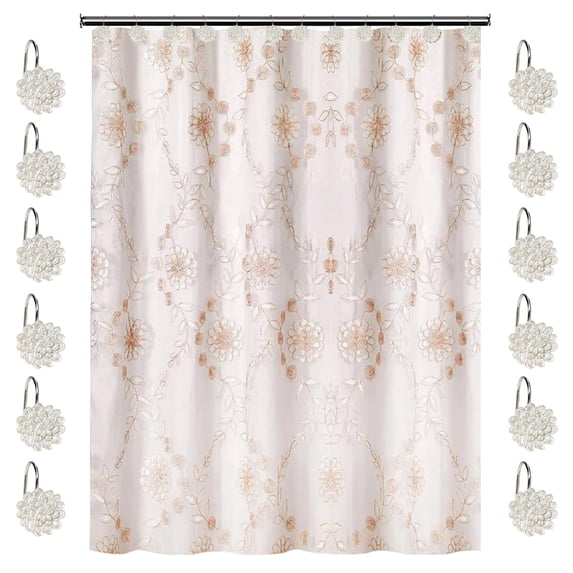 Zahari Home 13pc Rose Vine Bathroom Sheer Shower Curtain Sets Sheer Shower Curtain & 12 Shower Bathroom Hooks Modern Classic Luxury Contemporary Decor Beige Shower Curtain Set