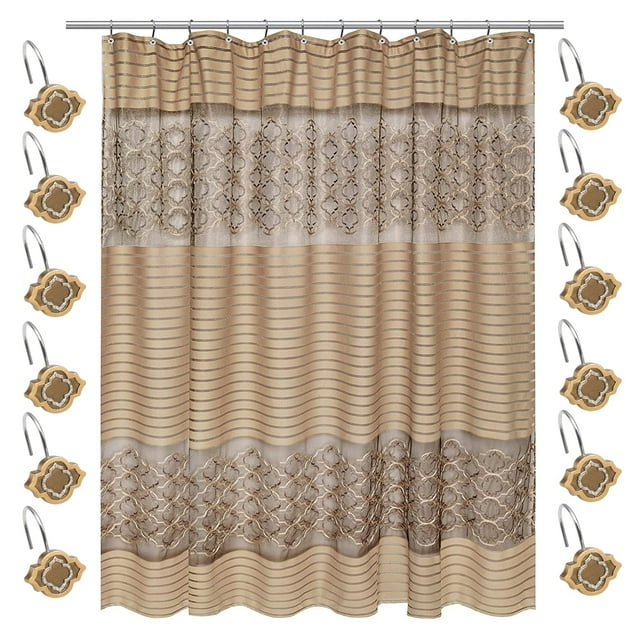Zahari Home 13pc Spindle Bathroom Shower Curtain Set Shower Curtain & 12 Shower Curtain Hooks Luxury Contemporary Decorative Shower Curtain Unique Design Gold Fancy Shower Curtain Set