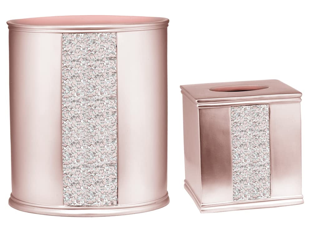 Zahari Home 2pc Sinatra Modern Bath Accessories Set Waste Basket & Tissue Box Modern Decorative Beautiful Designs Bathroom Decor Set for Home Blush Bathroom Set Mosaic Glass