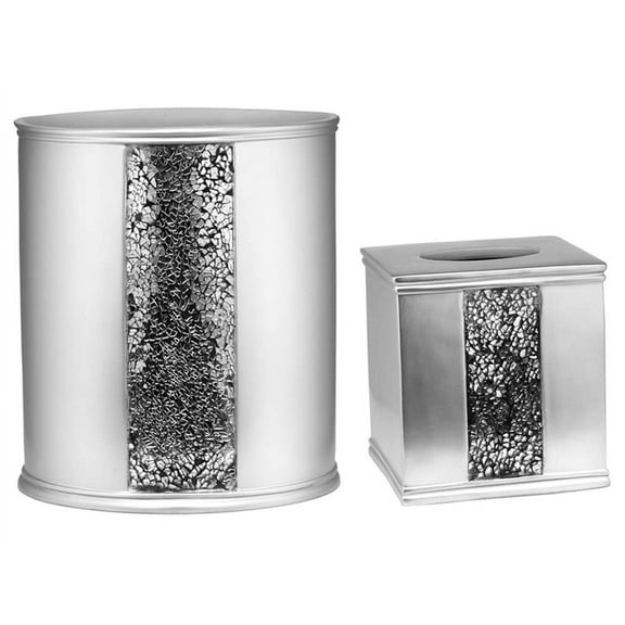 Zahari Home 2pc Sinatra Silver Modern Bath Accessories Set Waste Basket & Tissue Box Modern Classic Contemporary Decorative Beautiful Designs Bathroom Decor Set for Home Mosaic Glass