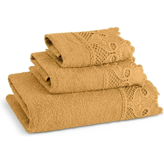 Zahari Home 3 Piece Laced Towel Set - Stylish Soft Plush Cotton Towels with Hand Towel & Washcloth - Highly Absorbent Towels for Bathroom, Gym, Hotel & Spa (Macramee Gold)