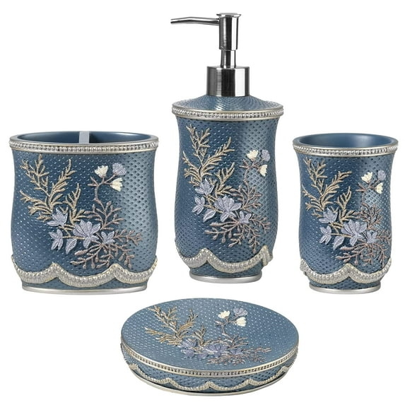 Zahari Home 4pc Capri Bathroom Accessories Sets Modern Classic Soap Dispenser, Tumbler, Tooth Brush Holder and Soap Dish Holder Unique Design Royal Blue Bathroom Set