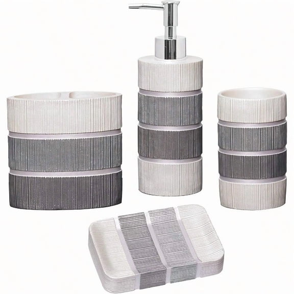 Zahari Home 4pc Modern Line Modern Bathroom Accories Set Modern Soap Dispenser Tumbler Tooth Brush Holder and Dish Soap Holder Luxury Contemporary Grey Decor Unique Design Luxury Bath Set