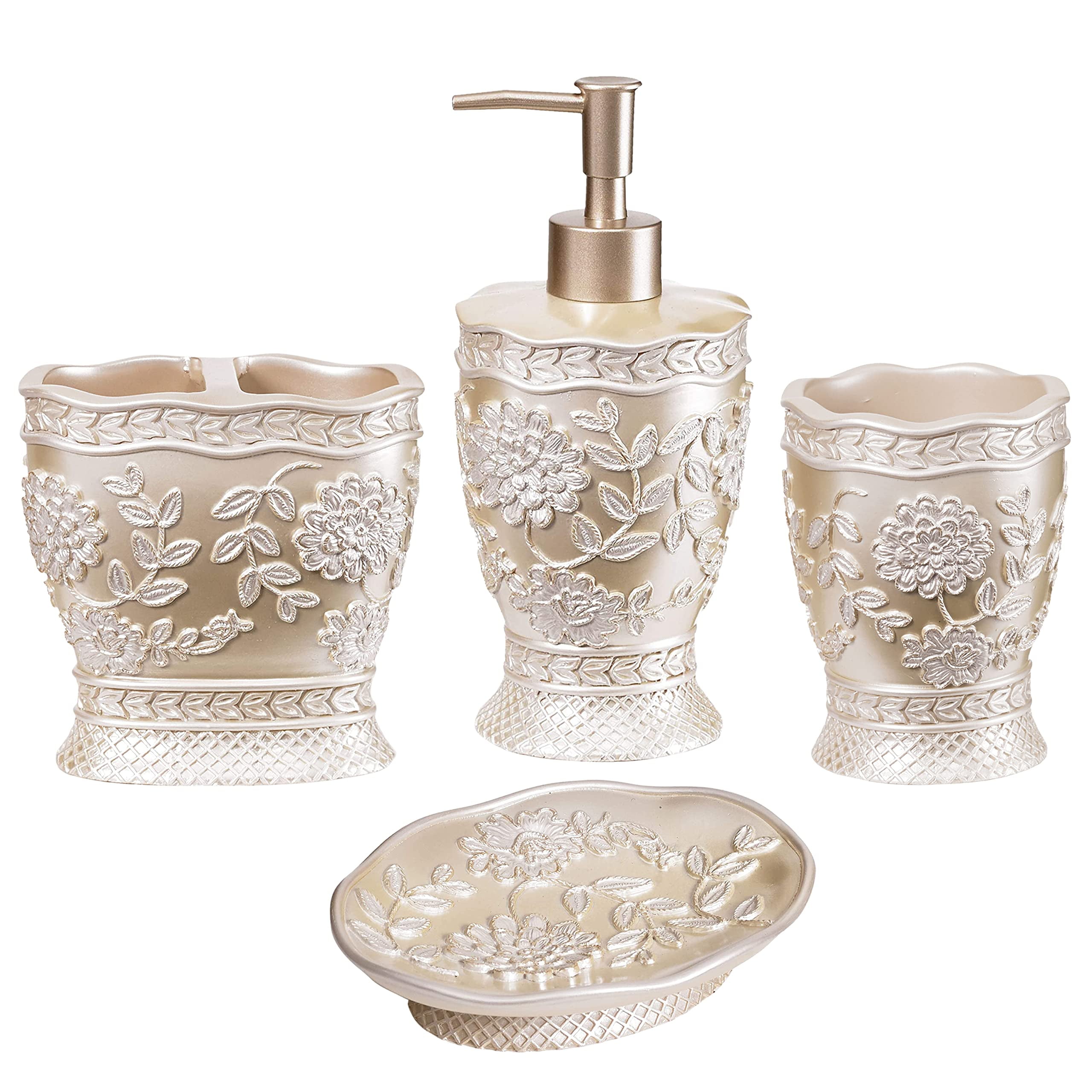 Elegant Beige Resin Rose Vine Bathroom Accessories Set