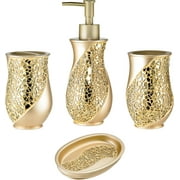 Zahari Home 4pc Sinatra Stylish Bathroom Accessories Set Champagne Gold Soap Dispenser Pump, Tumbler, Tooth Brush Holder and Soap Dish Modern Decor Bling Mosaic Glass Gold Bathroom Accessories