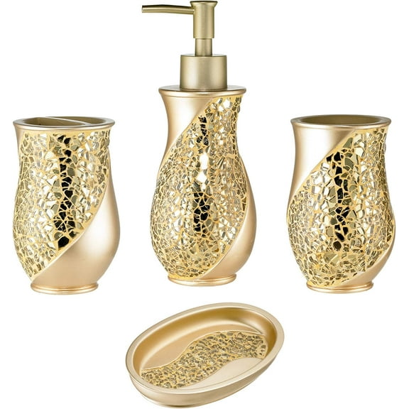 Zahari Home 4pc Sinatra Stylish Bathroom Accessories Set Champagne Gold Soap Dispenser Pump, Tumbler, Tooth Brush Holder and Soap Dish Modern Decor Bling Mosaic Glass Gold Bathroom Accessories