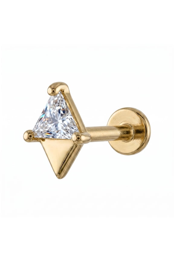 14K Gold Cartilage Flat Back Stud 18G 8mm with White Cubic Zirconia