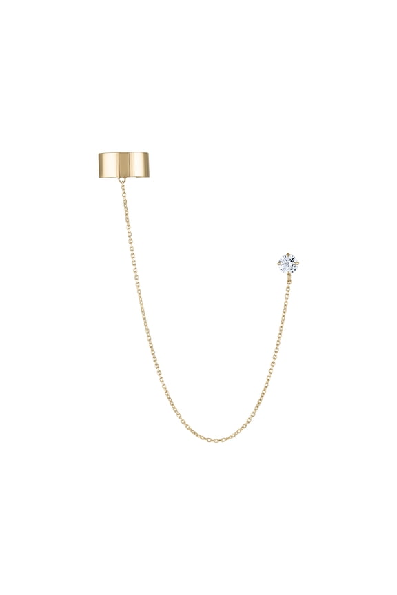 14K Solid Yellow Gold Ear Cuff With Chain and 4mm Round CZ