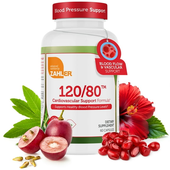 Zahler 120/80 Blood Pressure Support Formula - Blood Pressure Supplement Complex with Vitamin B6, Magnesium, Pomegranate, Grape Seed, Hibiscus - Heart Health Supplements for Men & Women (60 Capsules)