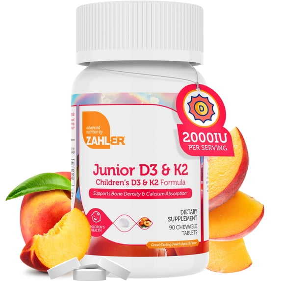 Zahler Junior Vitamin D3 + K2 Chewable Tablets for Kids, 2000 IU, 90 Count, Vitamin D3, Immune Support, Healthy Bones & Teeth, Kosher