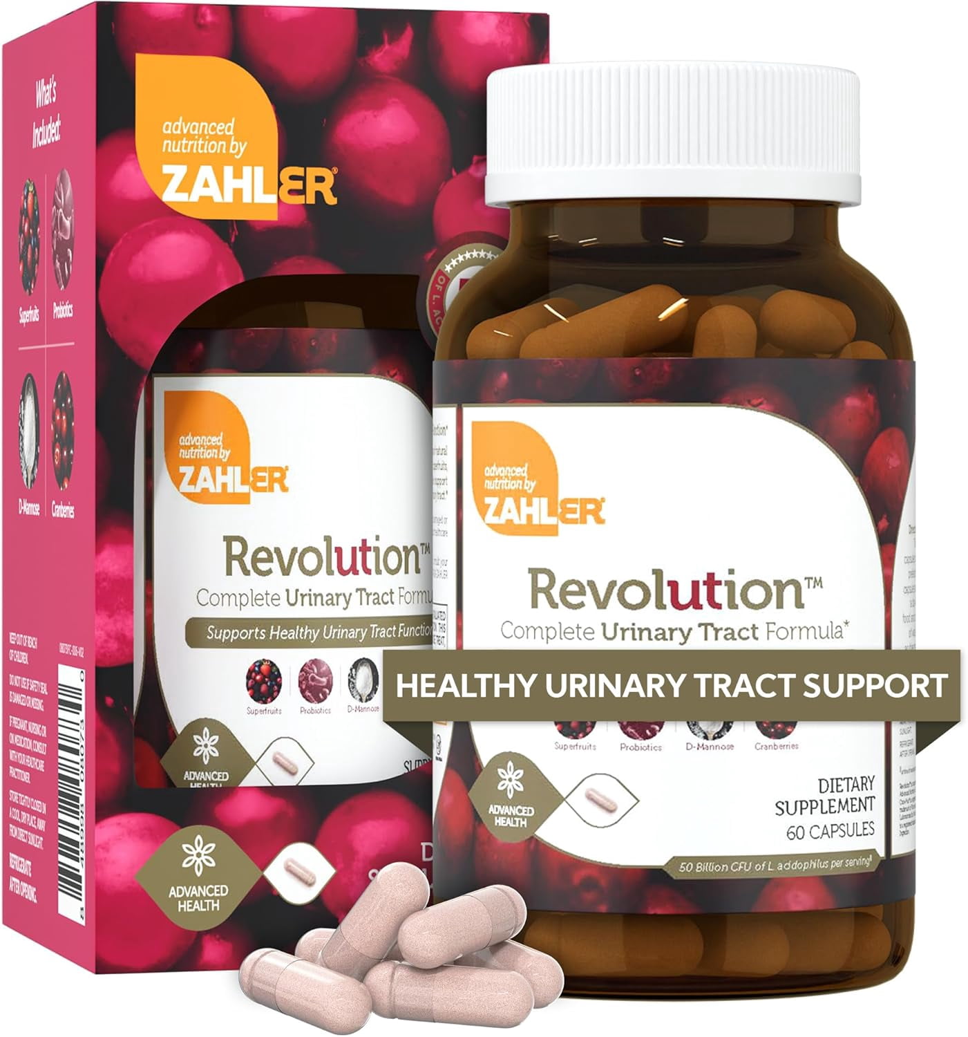 Zahlers UTI Revolution, Urinary Tract and Bladder Health, All Natural Cranberry Concentrate Pills Fortified with D-Mannose and Probiotics, Certified Kosher, 60 Caps