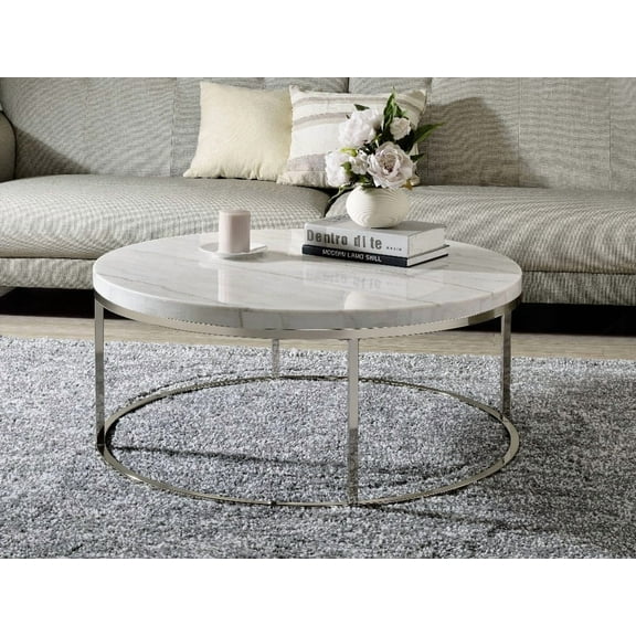 Zaidee Mable Top Coffee Table with Nickel Finish for Living Space