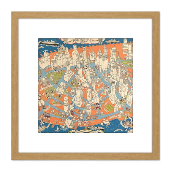 Zaidenberg 1938 Pictorial Map Manhattan History 8X8 Inch Square Wooden Framed Wall Art Print Picture with Mount