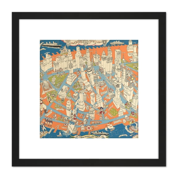 Zaidenberg 1938 Pictorial Map Manhattan History 8X8 Inch Square Wooden Framed Wall Art Print Picture with Mount