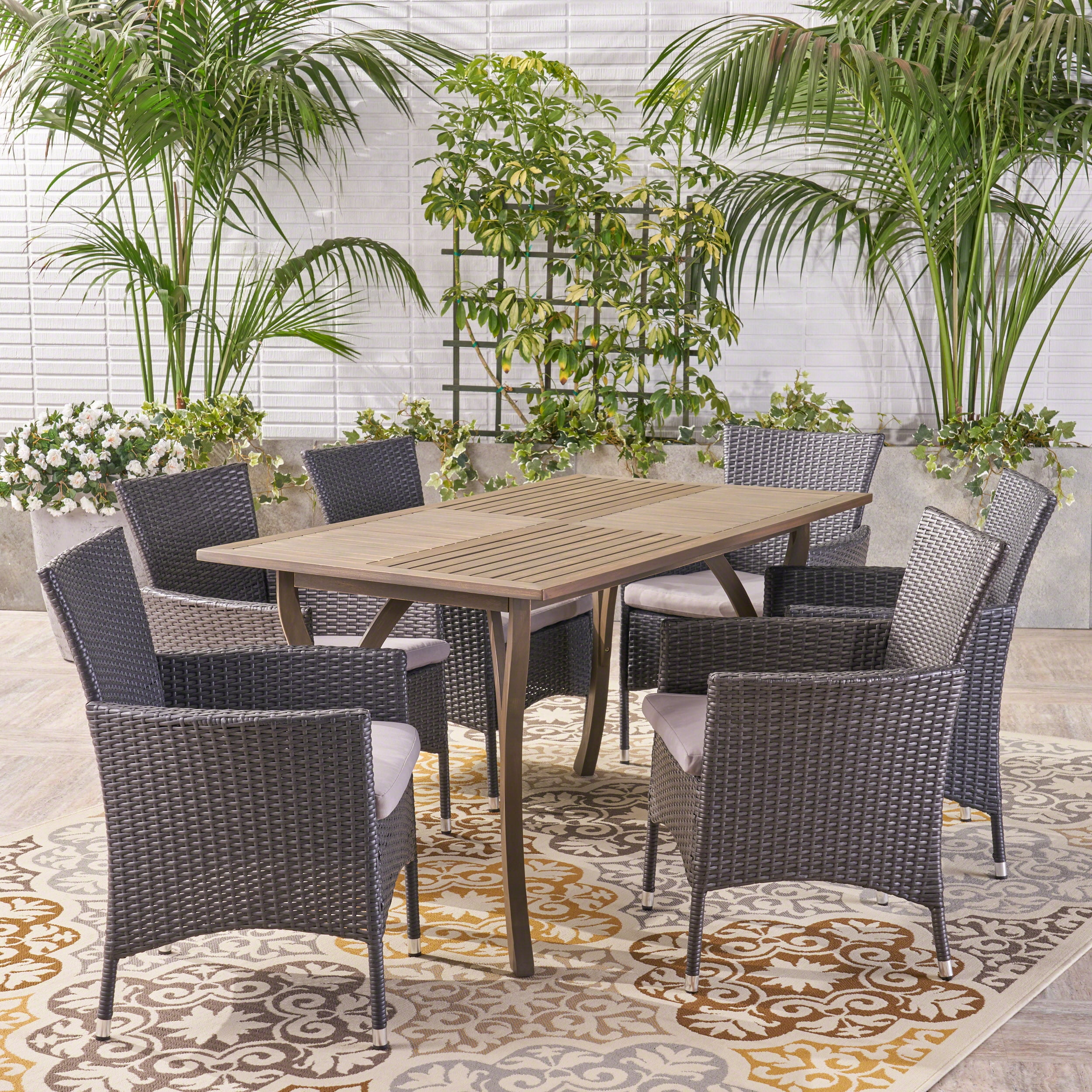 Zain Outdoor 7 Piece Wood and Wicker Dining Set with Cushions, Gray