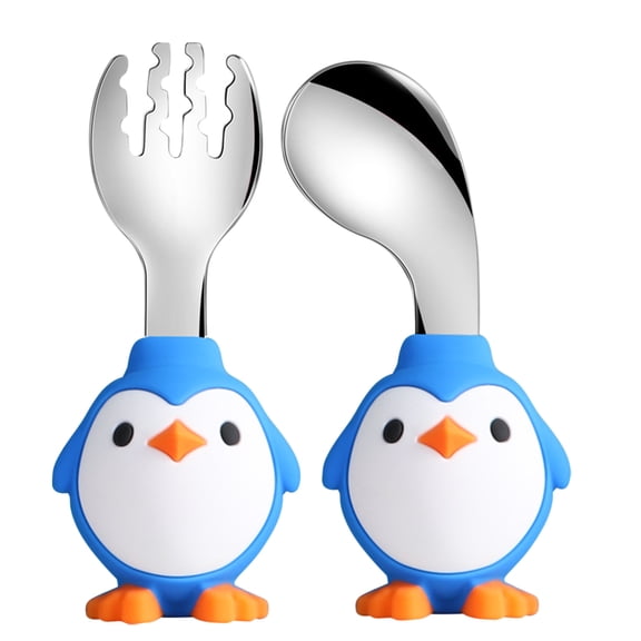 Zainafacai Dinnerware Sets Toddler Utensils Spoon and Fork Set for Self Feeding Learning Bendable Handle Silverware for Kid Children Cutlery Set Blue