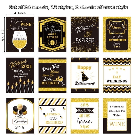 MALLMALL6 Retirement Wine Table Bottle Label Stickers 2021 with 12 Designs, Assorted Colors, 24 Count