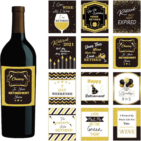 Wine Table Bottle Label Stickers,12 Designs Assorted Colors Decal for Retirement Party,24 Count