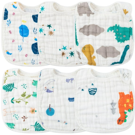 Zainpe 6Pcs Snap Muslin Cotton Bibs for Baby Dinosaur Star Bear Bib fedding Bib Unisex