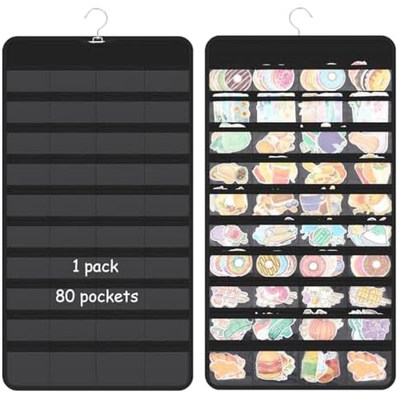 Zaioo 1 Pcs Black Hanging Sticker Display Organizer, Double-sided 80 Pocket for 4'' Large Stickers Storage, Portable Wall-hanging Decal Chart Holder for Vendors Collectors Trade Shows