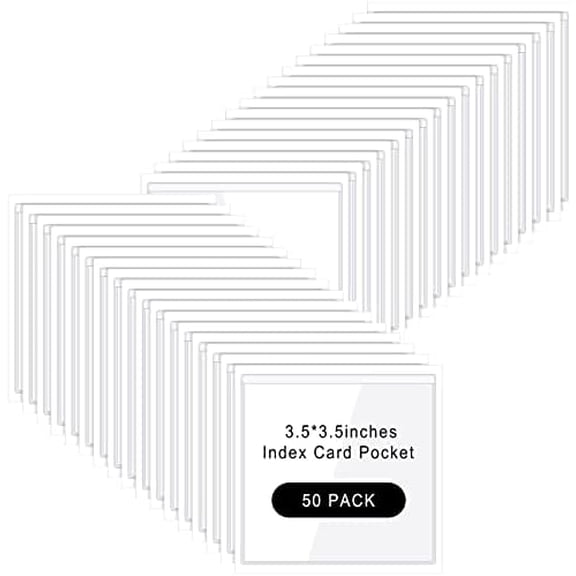 Zaioo 50 Pcs Self Adhesive Index Card Pockets Clear Label Holder Plastic Photo Sleeves Square Label Pockets Holder for Library Office Home Business Storage Bin
