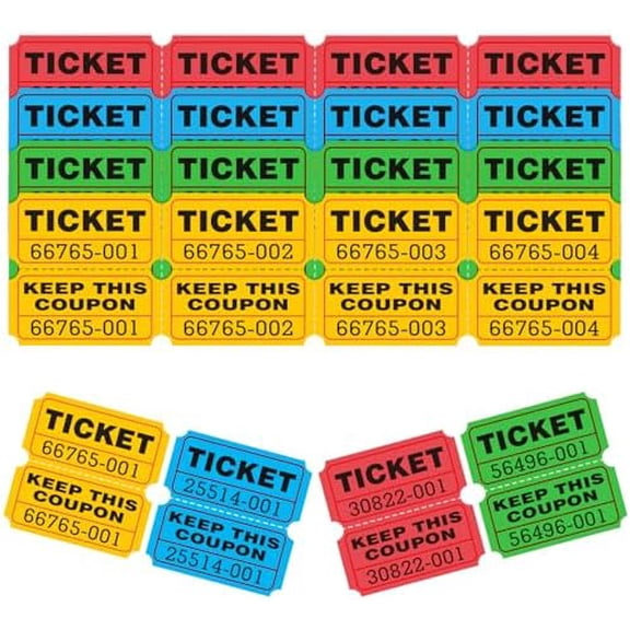 Zaioo 800 Pcs 400 Pairs Raffle Tickets,50/50 Double Ticket,100 Double Tickets Per Stack, Ticket for Events, Entry, Carnivals,and Door Prizes 4 Assorted Colors (Blue, Yellow, Red, Green)