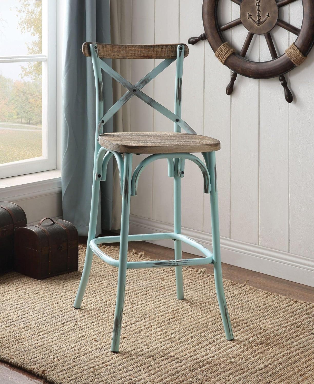 Zaire Armless Bar Stool With Wooden Seat In Antique Sky Antique Oak
